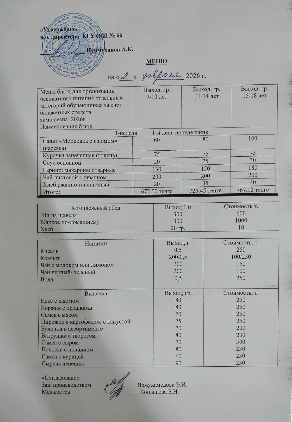 Күнделікті тегін тамақтану мәзірі