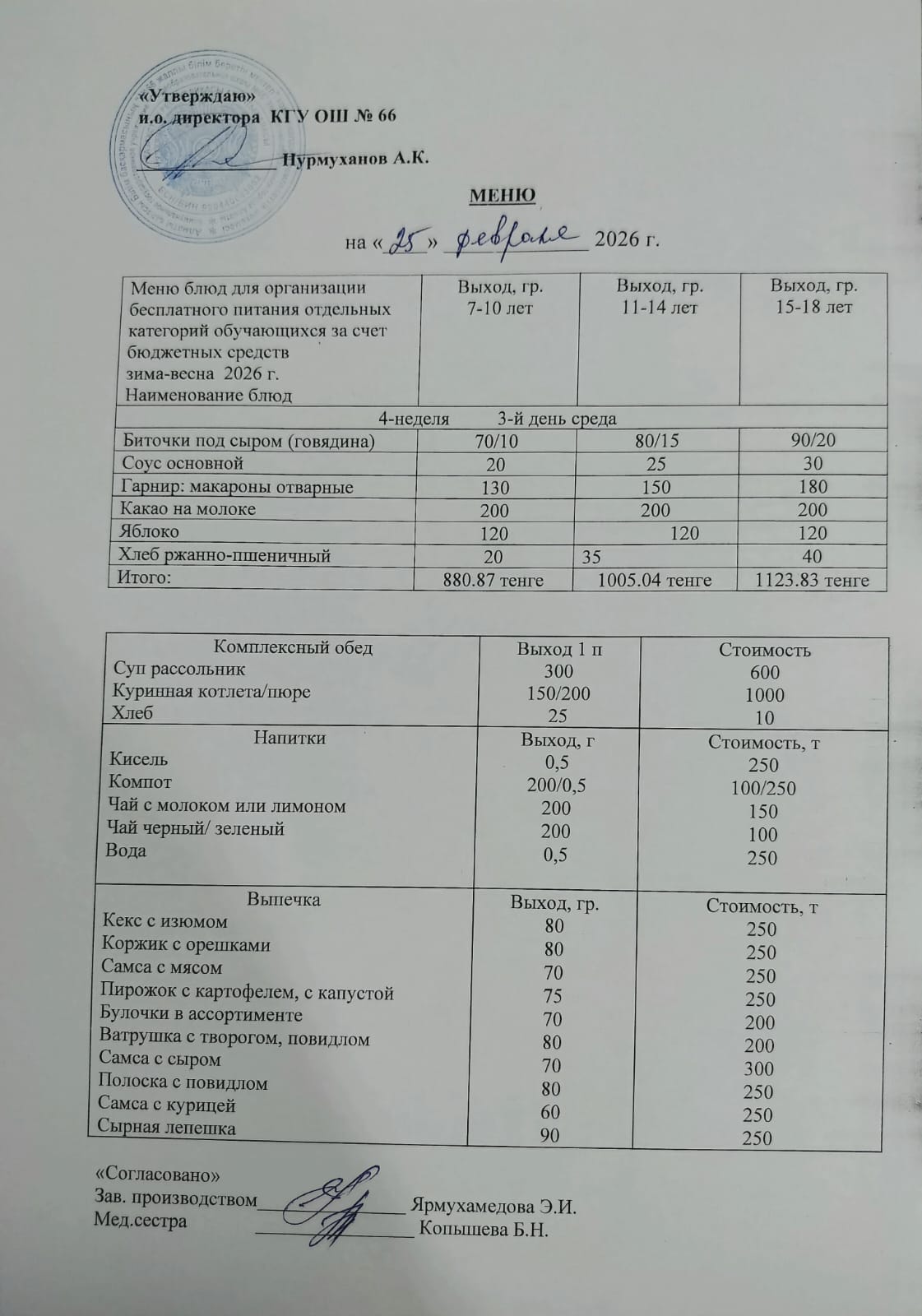 Күнделікті тегін тамақтану мәзірі