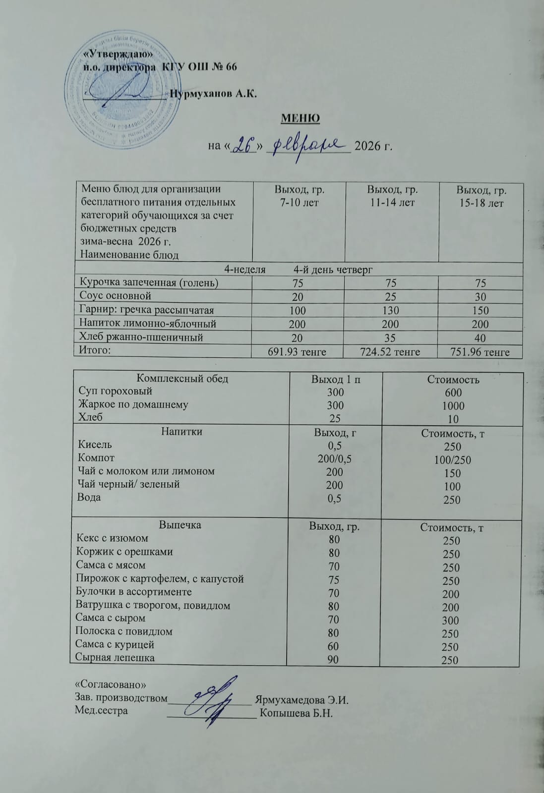 Күнделікті тегін тамақтану мәзірі