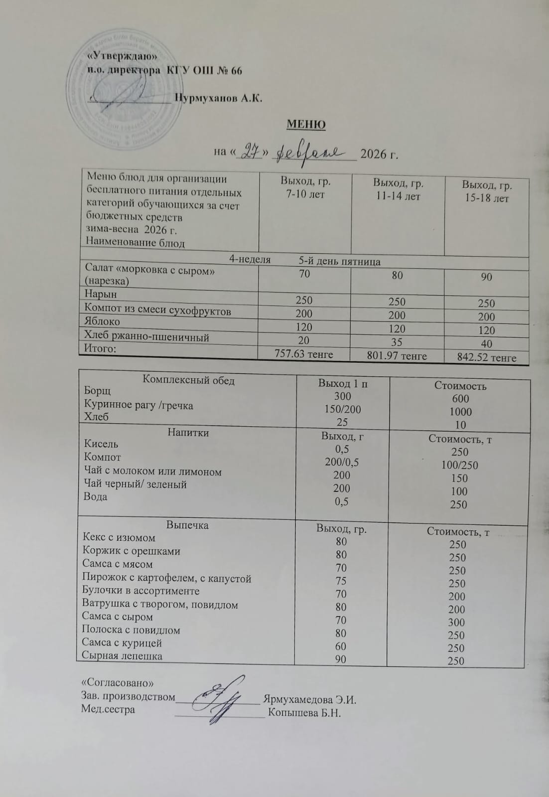 Күнделікті тегін тамақтану мәзірі