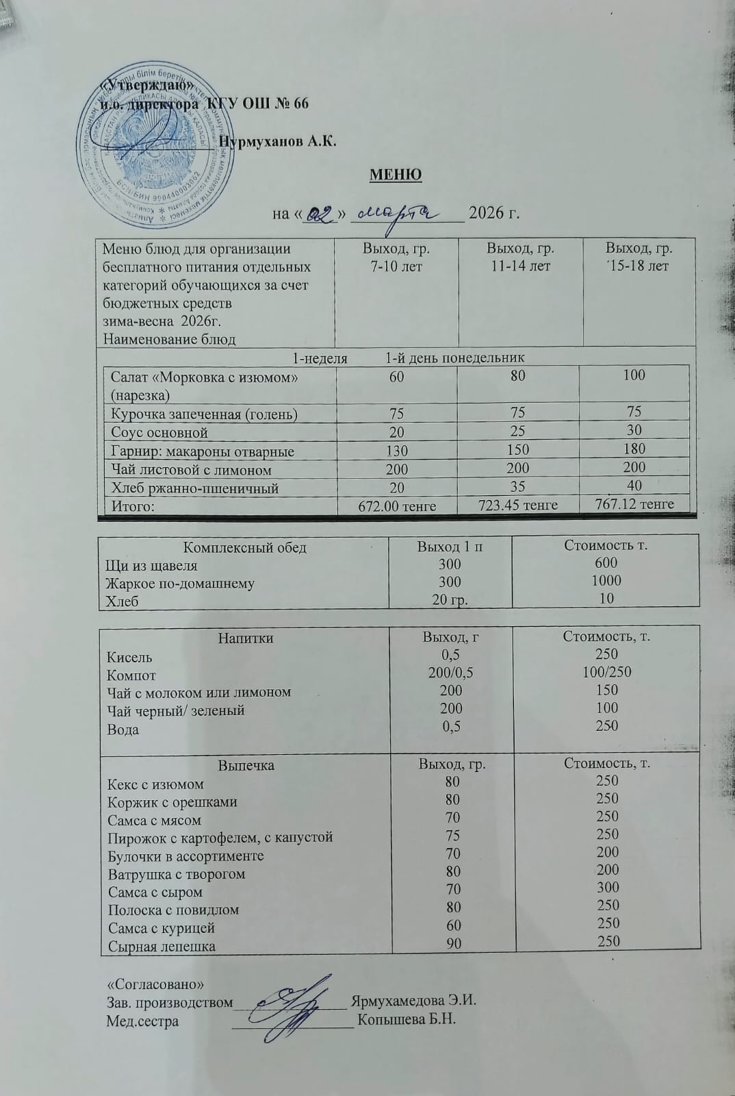 Күнделікті тегін тамақтану мәзірі