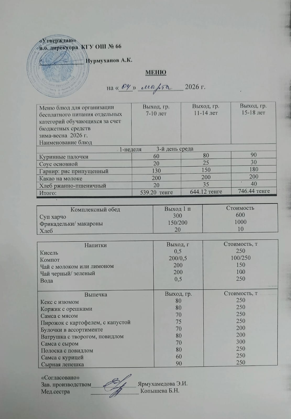 Күнделікті тегін тамақтану мәзірі