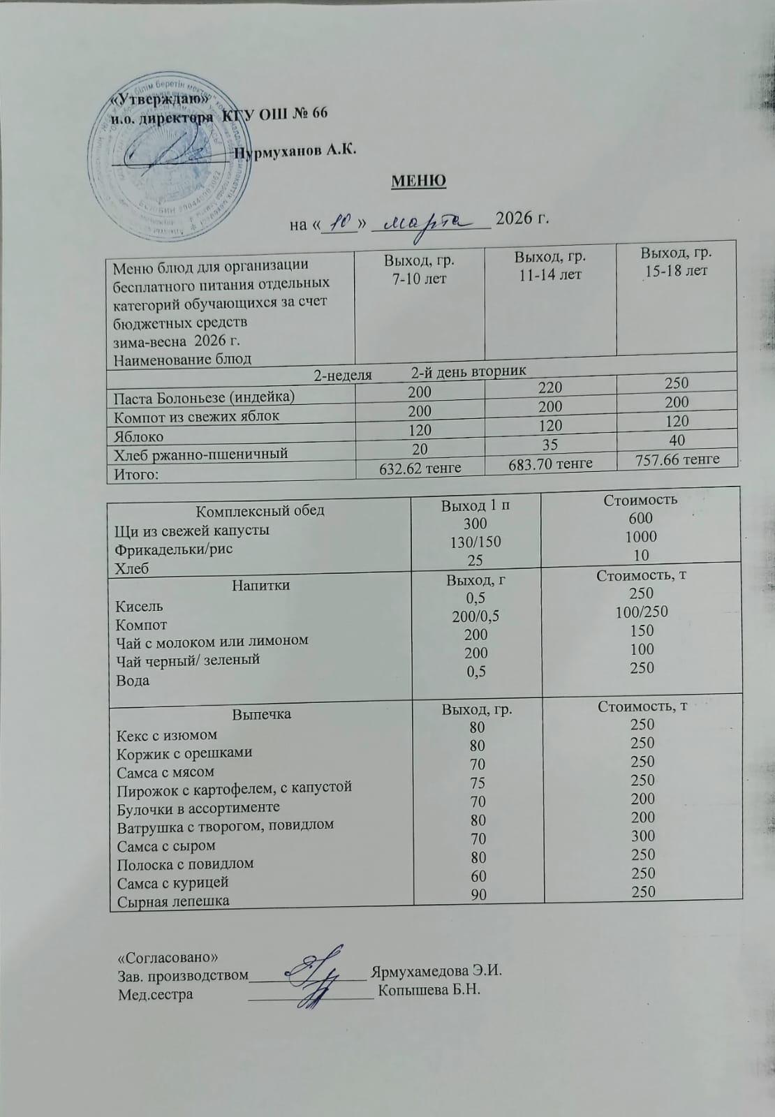 Күнделікті тегін тамақтану мәзірі
