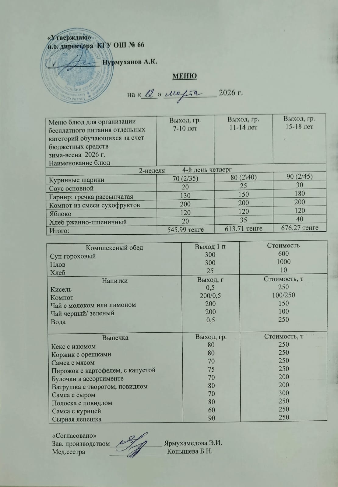 Күнделікті тегін тамақтану мәзірі