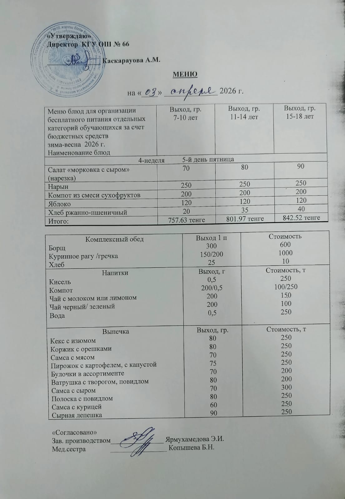 Күнделікті тегін тамақтану мәзірі