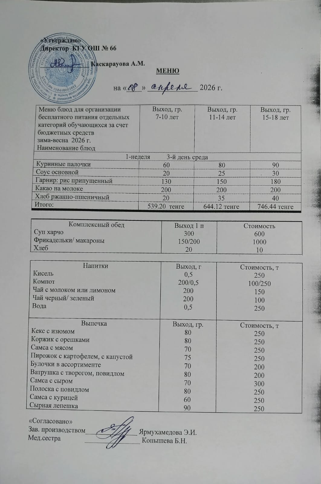 Күнделікті тегін тамақтану мәзірі