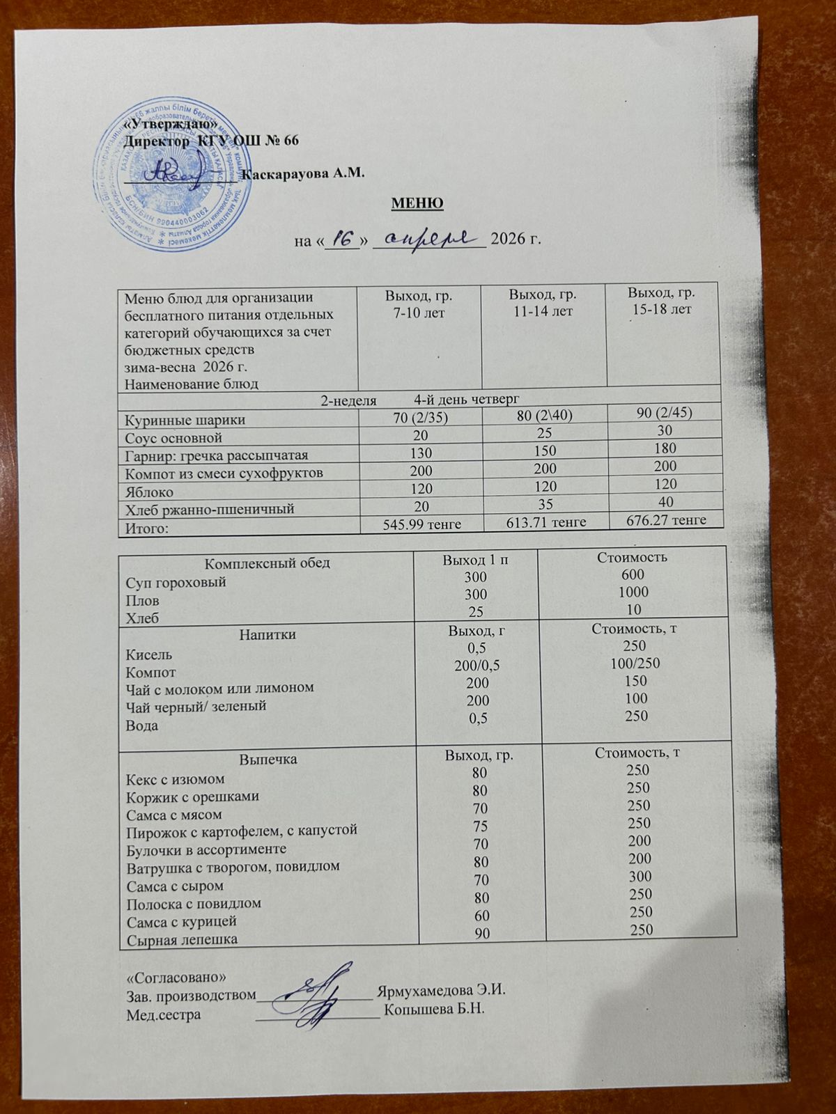 Күнделікті тегін тамақтану мәзірі