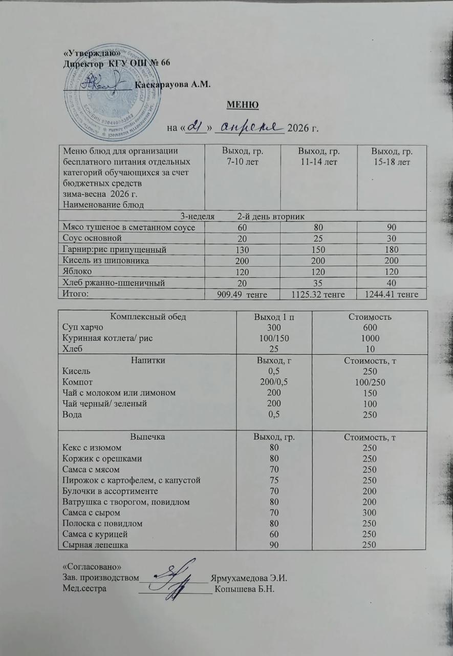 Күнделікті тегін тамақтану мәзірі