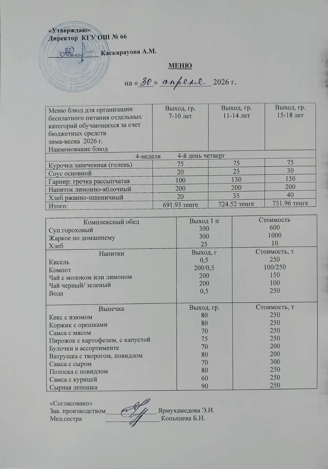 Күнделікті тегін тамақтану мәзірі