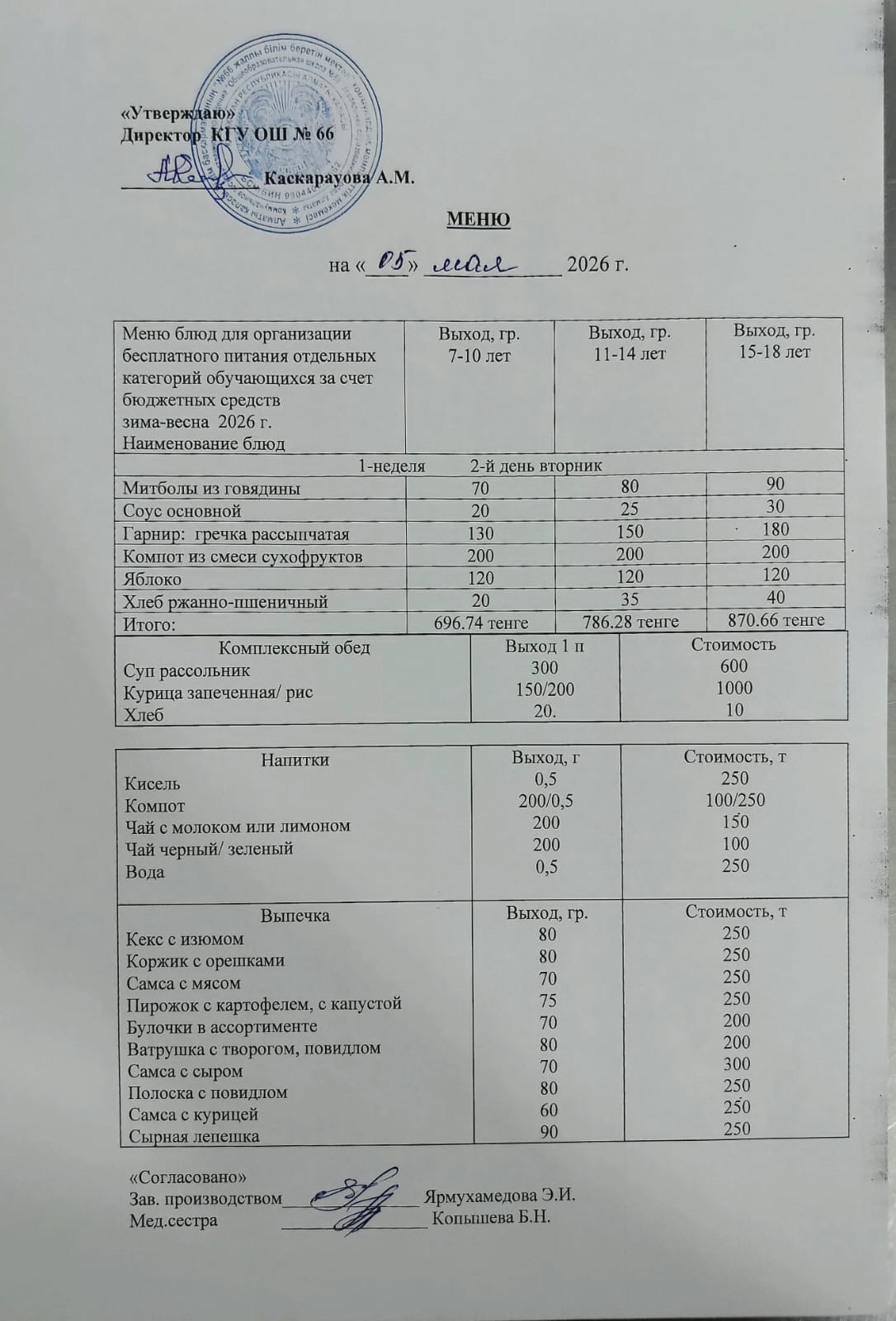Күнделікті тегін тамақтану мәзірі